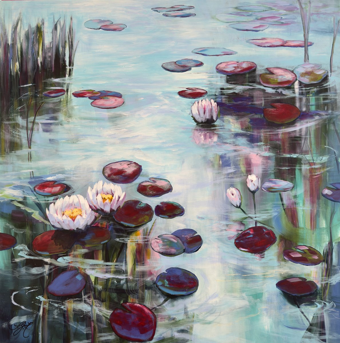 Impressionistic Botanical Acrylic Painting By Sandra Gebhardt-Hoepfner, 31 X 31", My Love For Water Lilies 10, Original Artwork