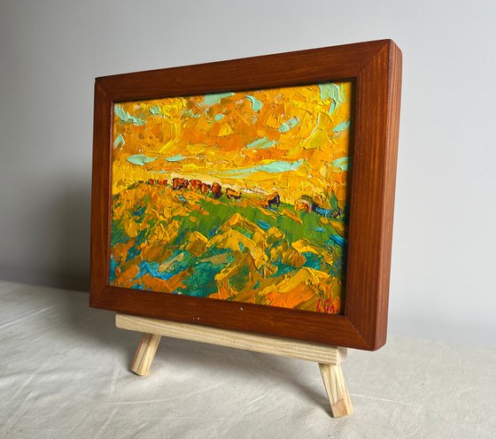 Yellow sunset in the field