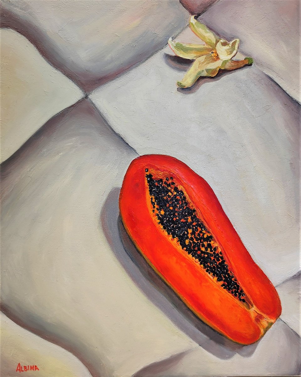 Impressionistic Still Life Oil Painting By Albina Urbanek, 13 X 16, Papaya Flower, Original Artwork