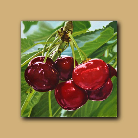 Cherries painting, Original oil on canvas realistic art