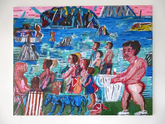 beach scene with blue dog