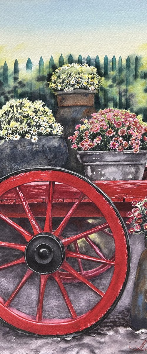 Old red cart with flowers by Alina Karpova
