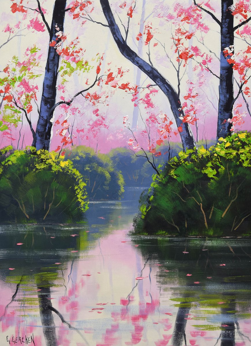 Pink blossom trees river landscape by Graham Gercken