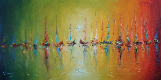 Rainbow in the sea, Abstract painting, Sailboats Painting