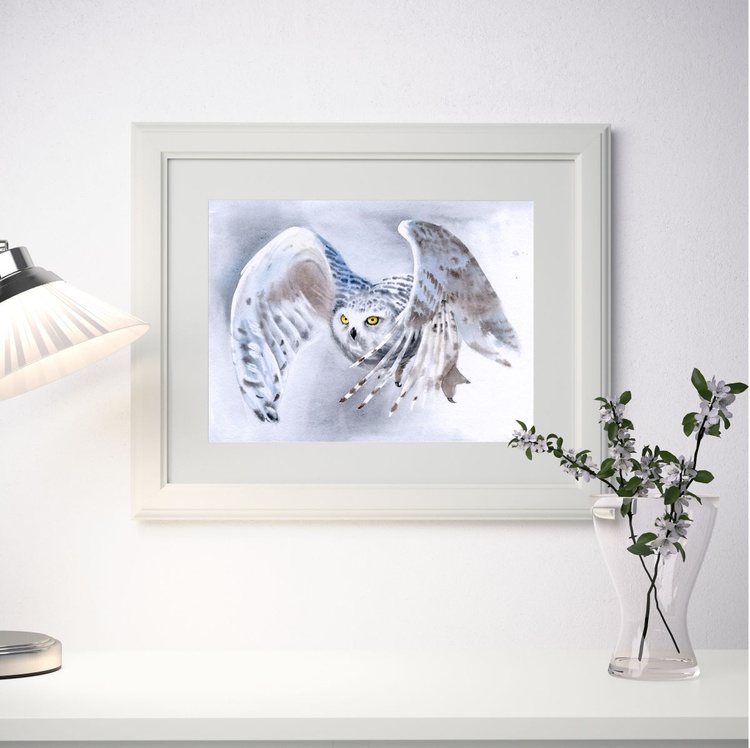 Flying Snowy Owl By Olga Beliaeva Watercolour Artfinder