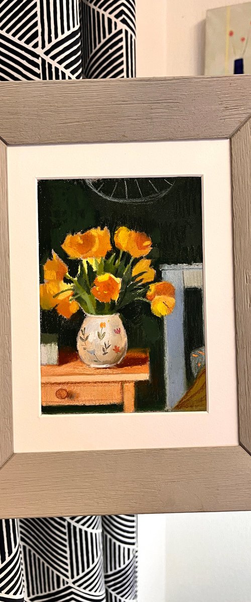 Miniature painting with yellow tulips 6,5x4.7'' by Alexandra Sergeeva