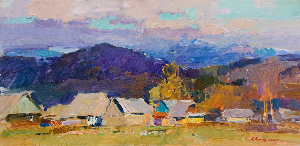 Impressionistic Landscape Oil Painting By Aleksandr Kryushyn, 24 X 12, Evening In The Village, Original Artwork