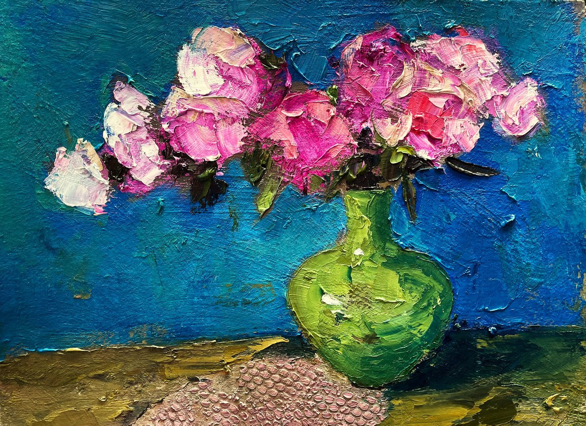 Peonies In  Green Vase by Lena Ru