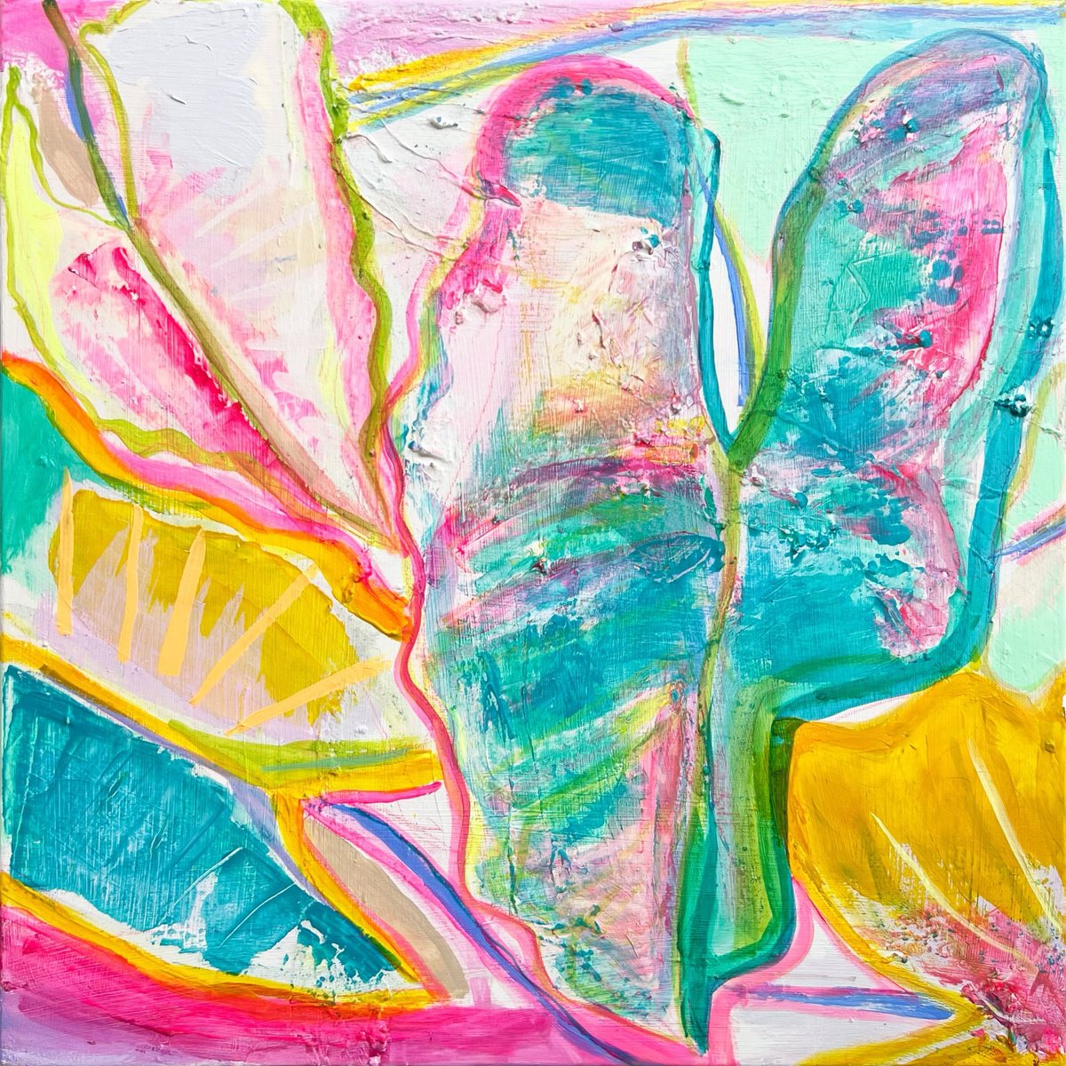 Organic Botanical Acrylic Painting By Kathryn Sillince, 18 X 18", Rainbow Alocasia Leaves I, Original Artwork