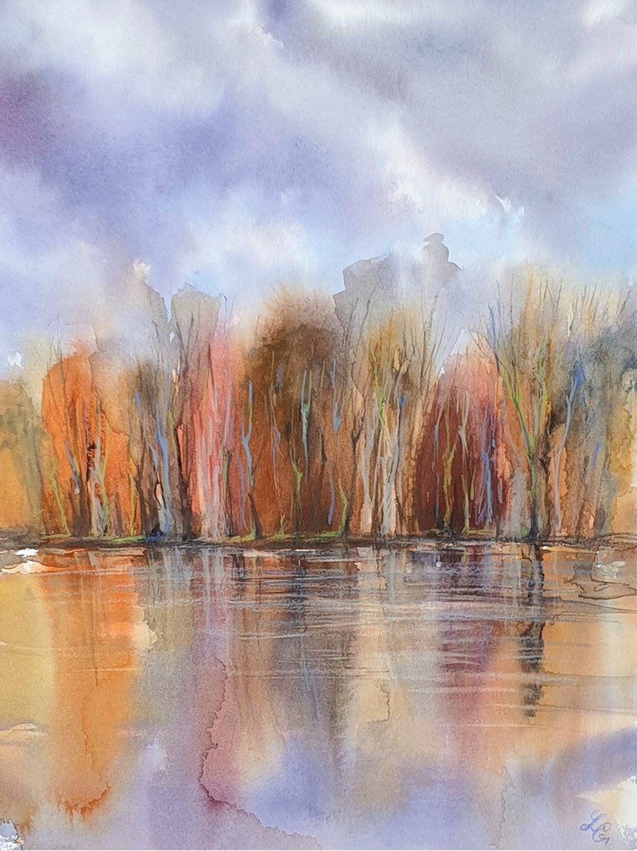 Impressionistic Landscape Painting By Elena Genkin, 16 X 20, Autumn Reflections, Original Artwork