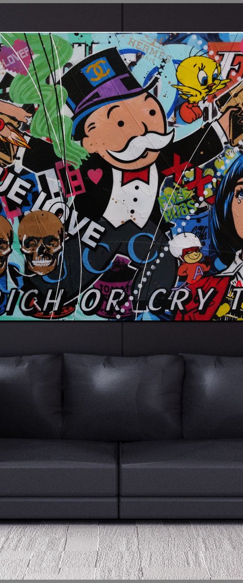 Get Rich 160cm x 100cm Monopoly Man Textured Urban Pop Art by Franko