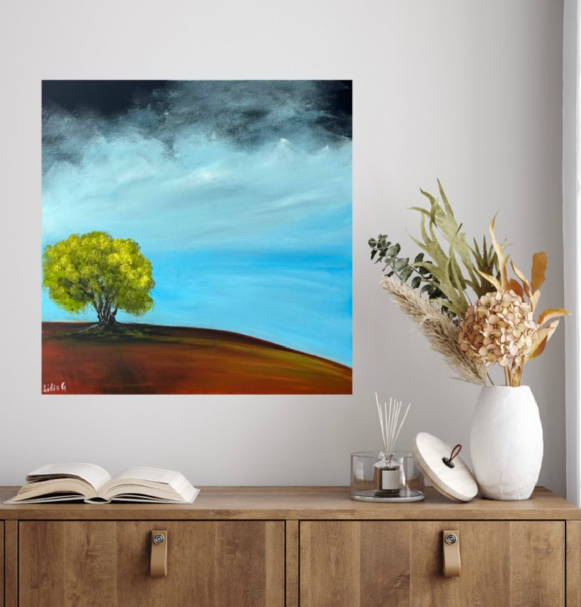 Abstract Landscape Acrylic Painting By Lidia Gaudiano, 24 X 24", A Lonely Heart, Original Artwork