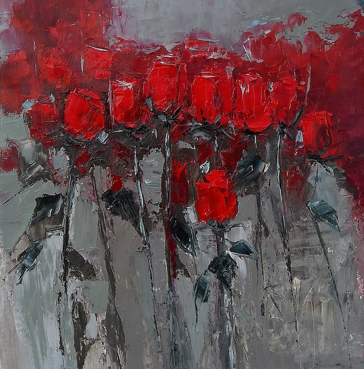PASSION, 62x60cm, red roses expressive modern original by Emilia Milcheva