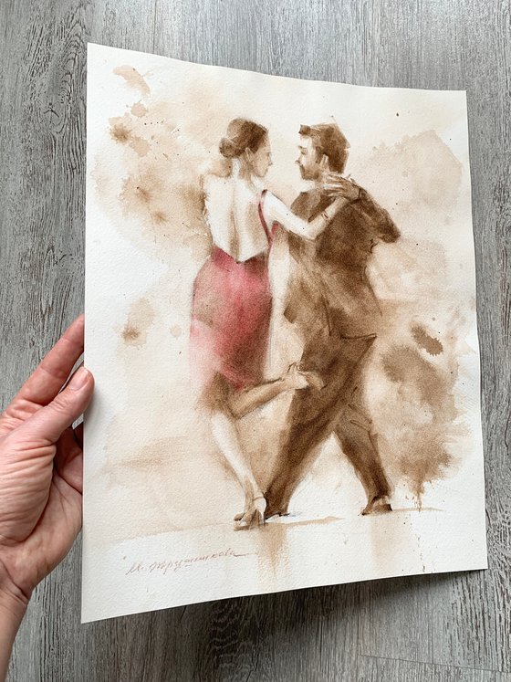 Red dress - Dancing Argentine tango / Original Argentine Tango, Dance in Art, Watercolor Painting,  Artwork by Marina Trushnikova Fine Art
