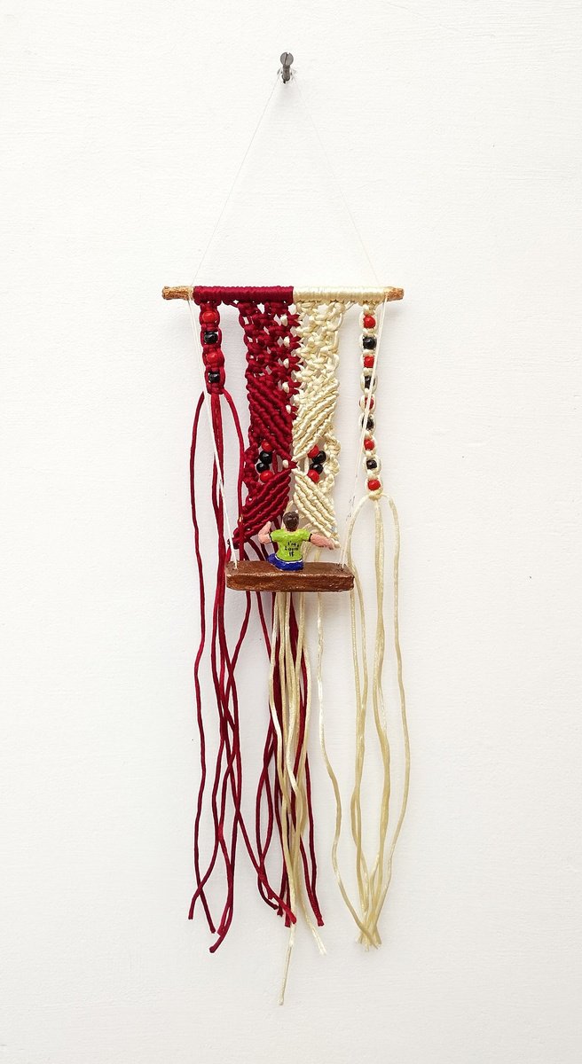 Abstract Sculpture By Shweta Mahajan, 6 X 22", Boy And Macrame Wall Hanging, Original Artwork