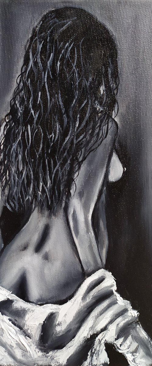 Let her go, nude erotic black and white oil painting, gift idea, art for sale by Nataliia Plakhotnyk