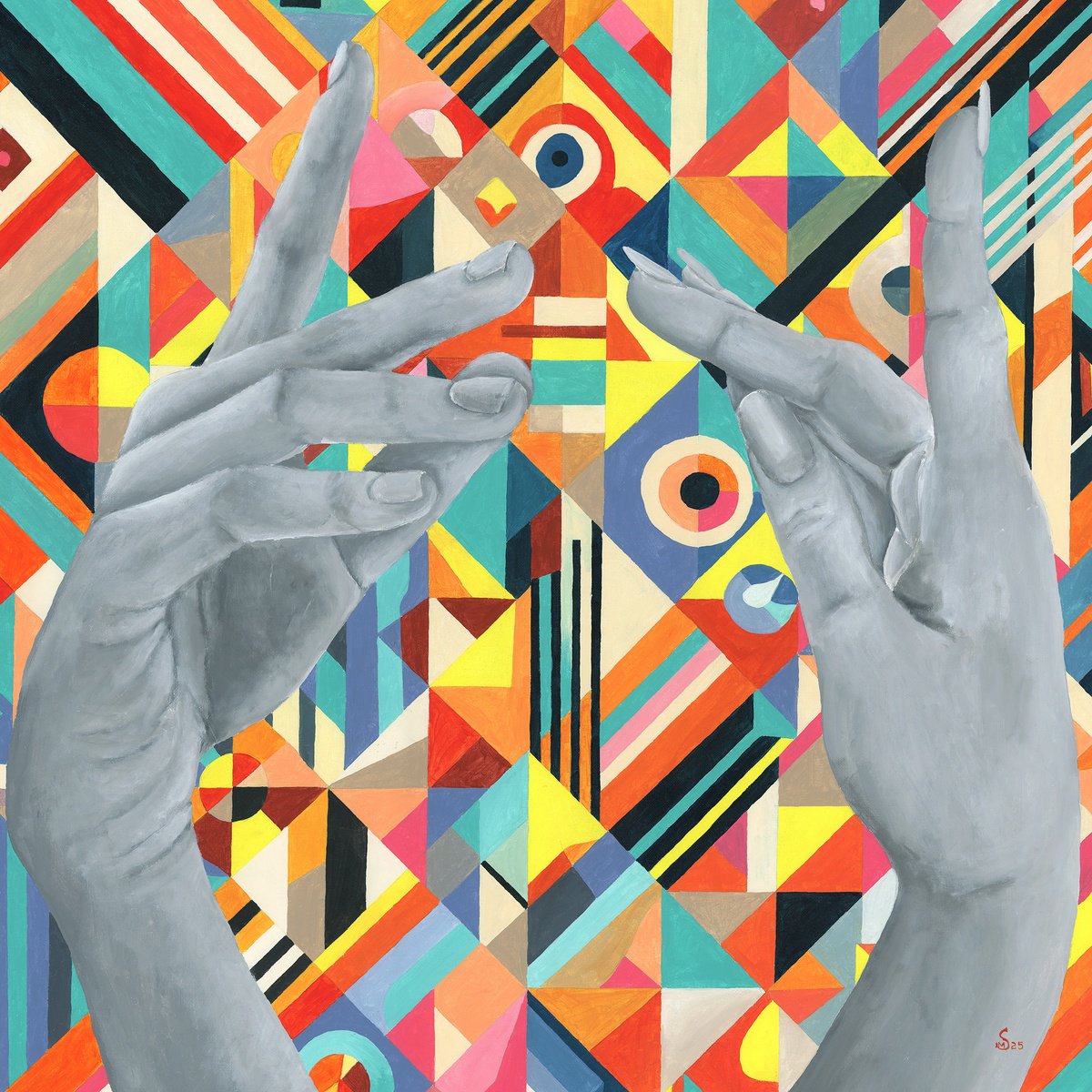 Geometric Portrait Acrylic Painting By Margarita Stepanova, 31 X 31", The Dance Of Nearness, Original Artwork