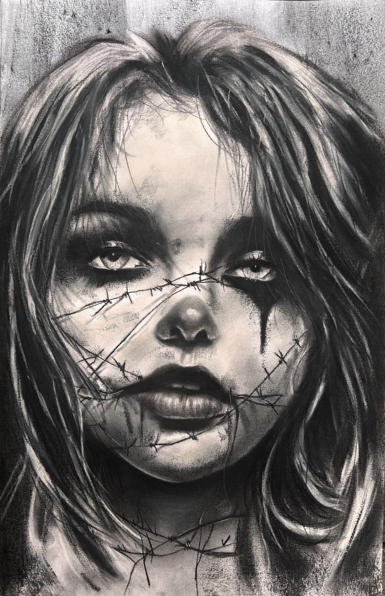 Illustrative Charcoal Drawing , Stitched Silence By Denny Stoekenbroek, 13 X 20, Artwork For Sale On Artfinder