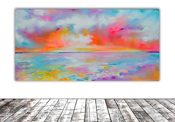 New Horizon 143 - 160x80 cm, Colourful Painting, Colourful Sunset Painting, Impressionistic Colorful Painting, Large Modern Ready to Hang Abstract Landscape, Pink Sunset, Sunrise, Ocean Shore