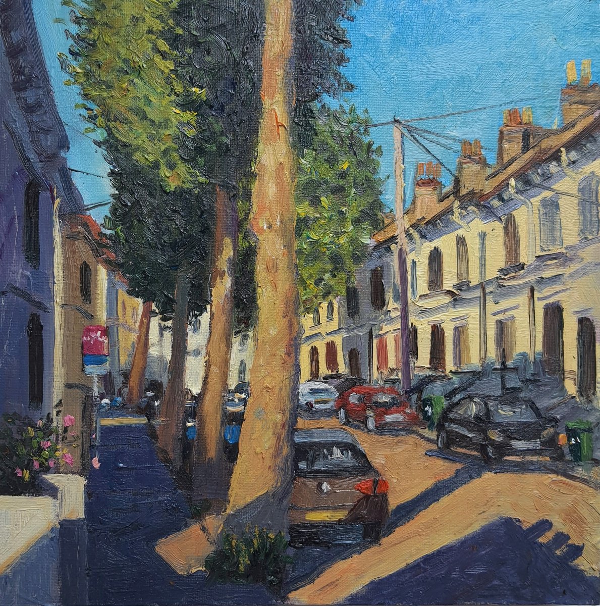 Impressionistic Cityscapes Oil Painting By Roberto Ponte, 12 X 12", Brighton Clyde Rd, Original Artwork