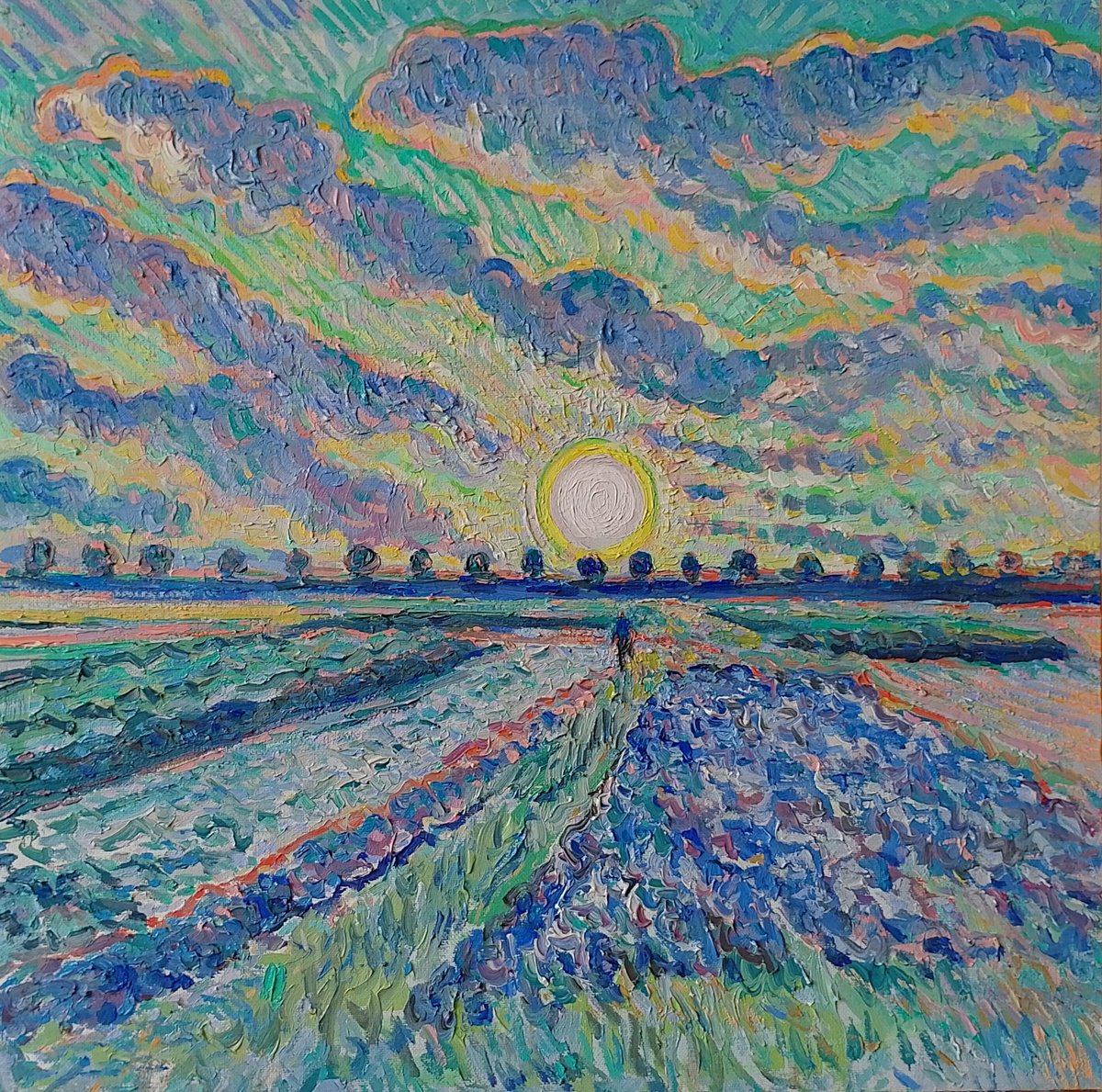 Impressionistic Landscape Oil Painting By Nigel Dickerson, 14 X 14", Sunset Over Fields, Original Artwork