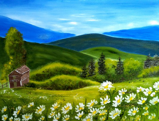 Spring mountain landscape house in mountains daisies" In mountains"