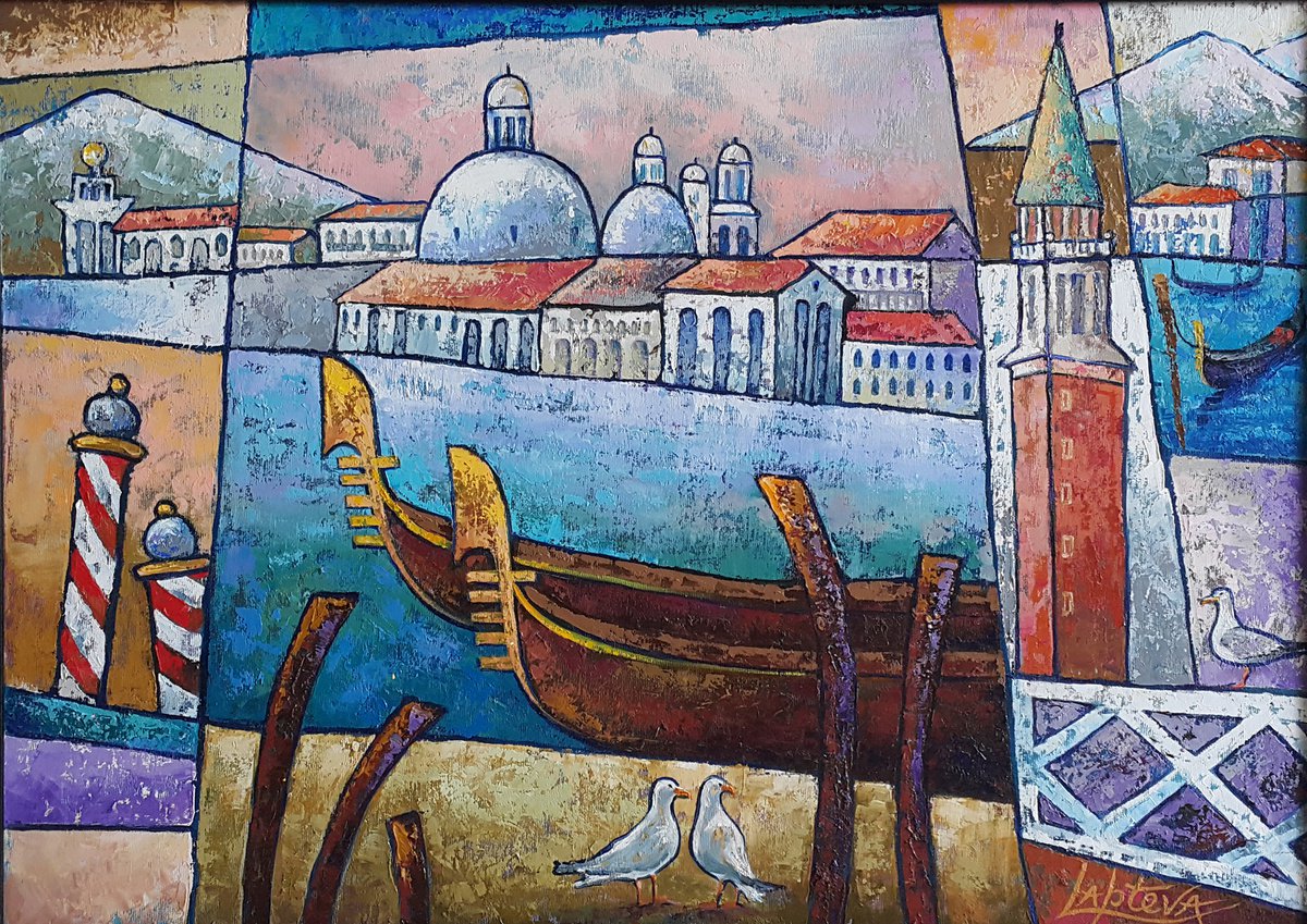 Impressionistic Cityscapes Oil Painting By Viktoria Lapteva, 33 X 25", Venice Italy, Original Artwork