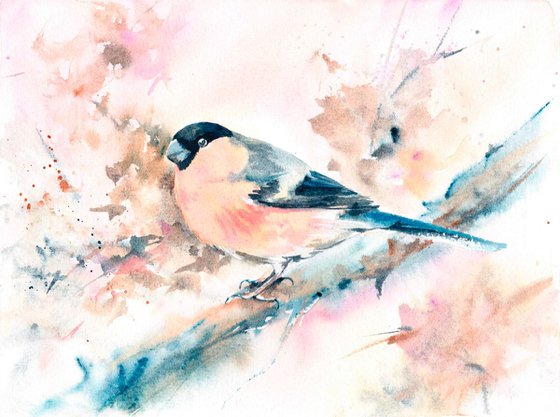 Bullfinch painting, Bullfinch in watercolour, Original Watercolour Bird painting