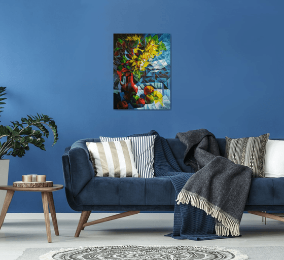 Still life with sunflowers (60x80cm, cubism, oil painting, ready to hang)