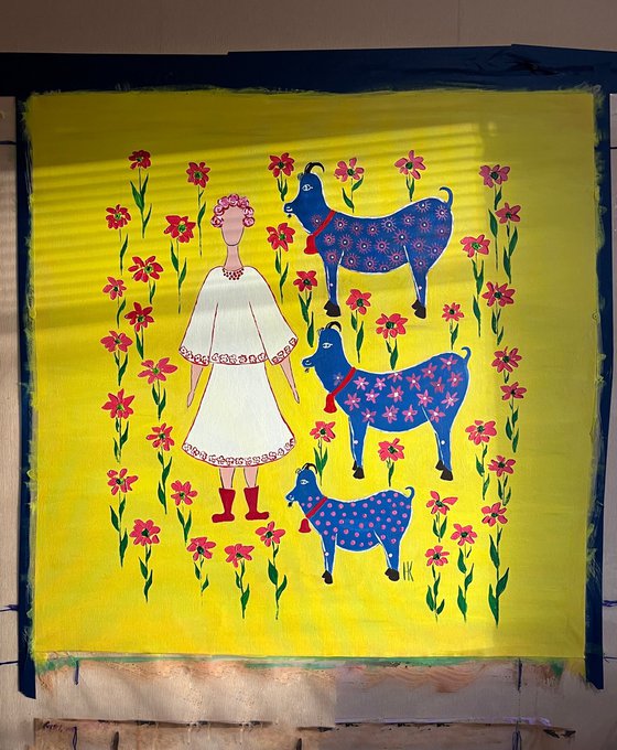 Woman Goats Original Painting