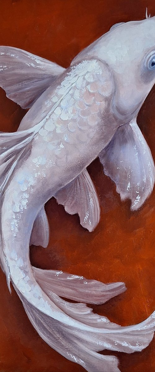 White Koi on Terracotta Red by Natalia Langenberg
