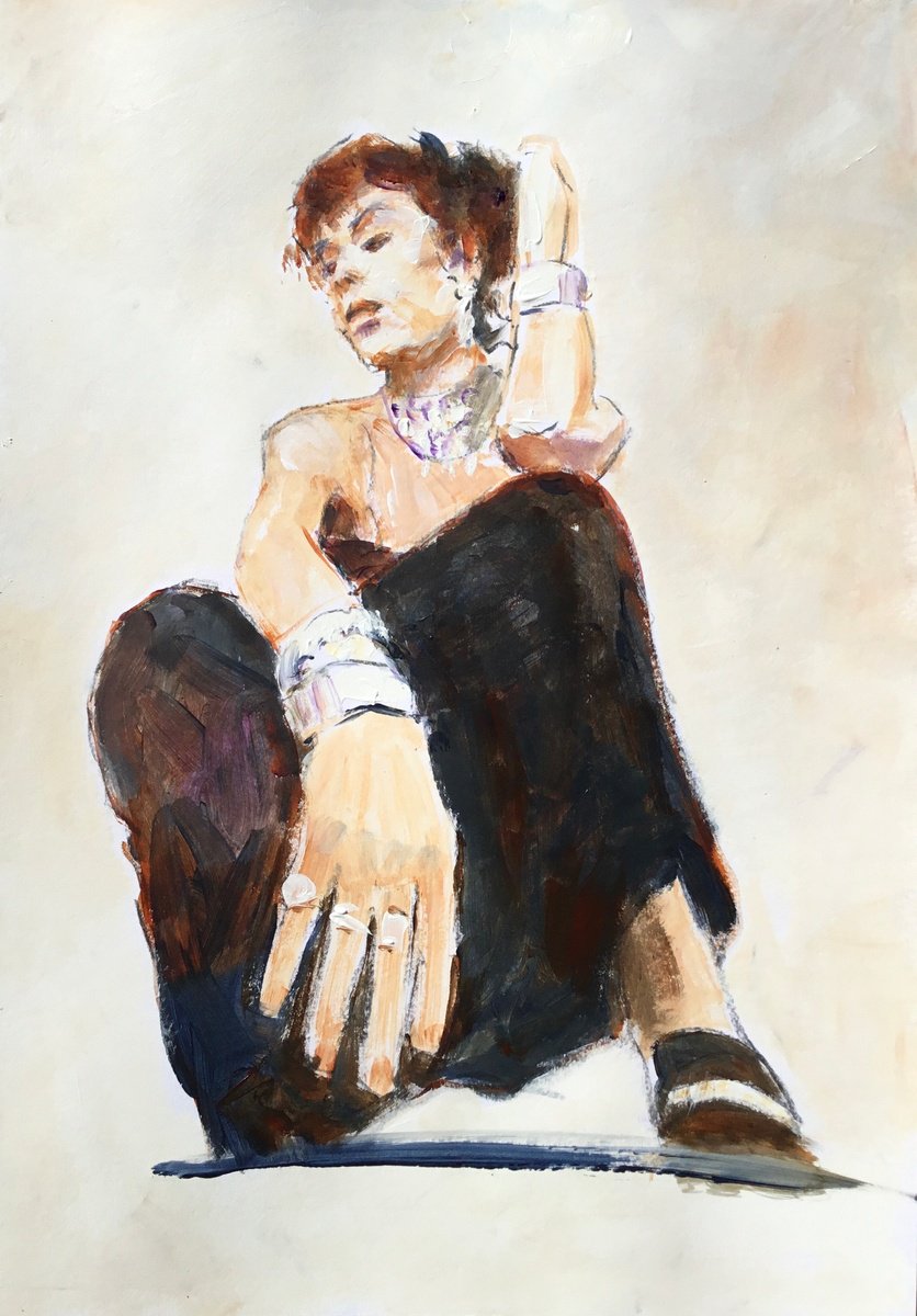 Expressive Portrait Acrylic Painting By Dominique Deve, 11 X 17, Big Hand, Original Artwork