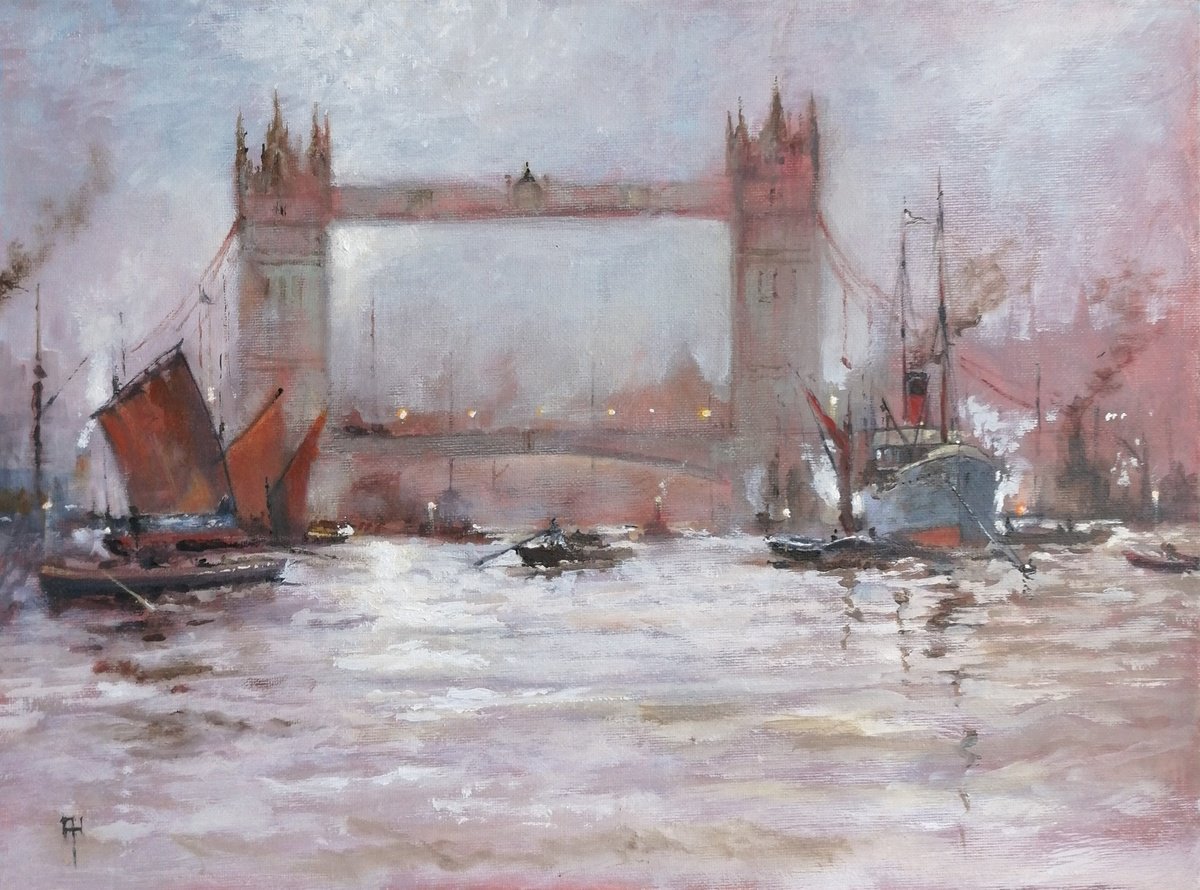 Impressionistic Cityscapes Acrylic Painting By Alan Harris, 16 X 12, The Thames Of Yesteryear 2, Original Artwork