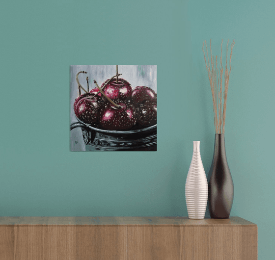 Ripe cherries in a bowl , gift, original oil painting