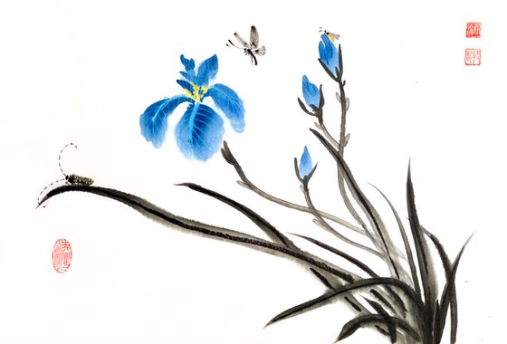 Blue irises and others insects - Oriental Chinese Ink Painting
