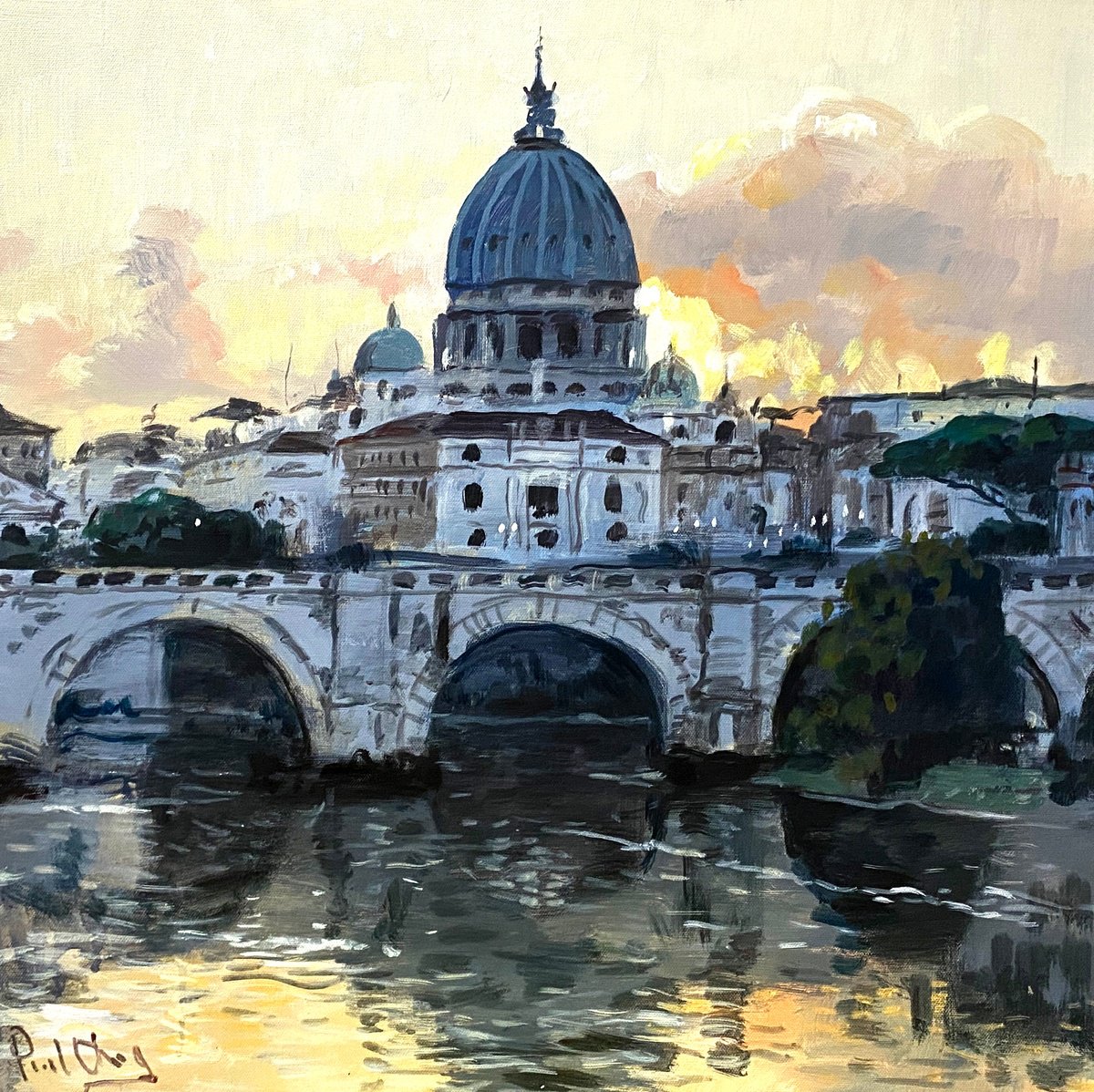 Impressionistic Cityscapes Acrylic Painting By Paul Cheng, 24 X 24", Vatican City Sunset, Original Artwork