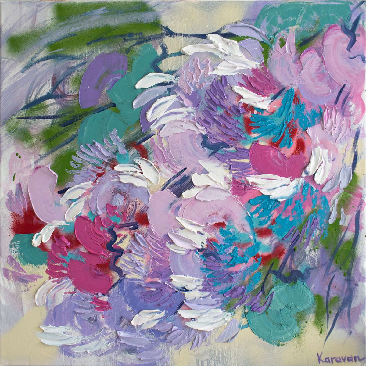 Abstract Botanical Oil Painting By Nataliia Karavan, 20 X 20", Moment Of Joy, Original Artwork