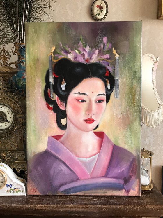 "Hanfu girl portrait in lilac clothes"