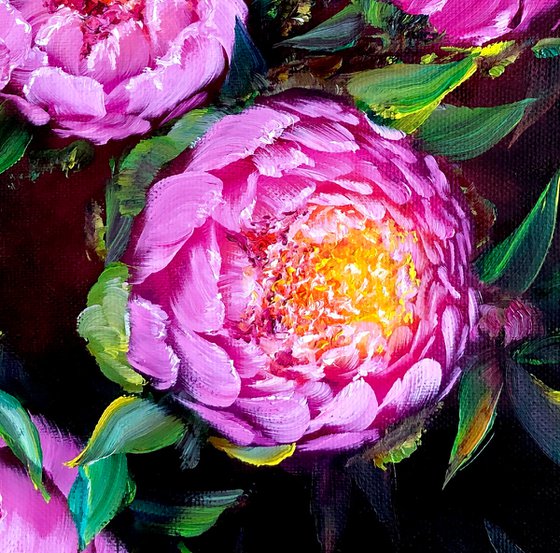 EVENING THICKETS OF PEONIES - Pink flowers. Dark background. Hand painting. Vintage. Drama. Night. Personify.