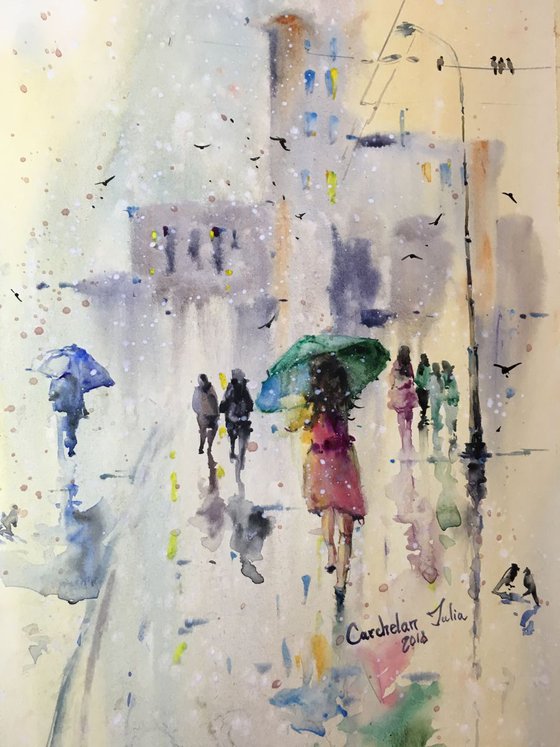 Watercolor "Walking through the rain”