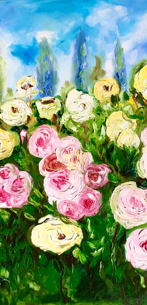 WHITE PINK YELLOW  ROSES landscape with  cypress trees palette  knife modern still life  flowers office home decor gift by Olga Koval