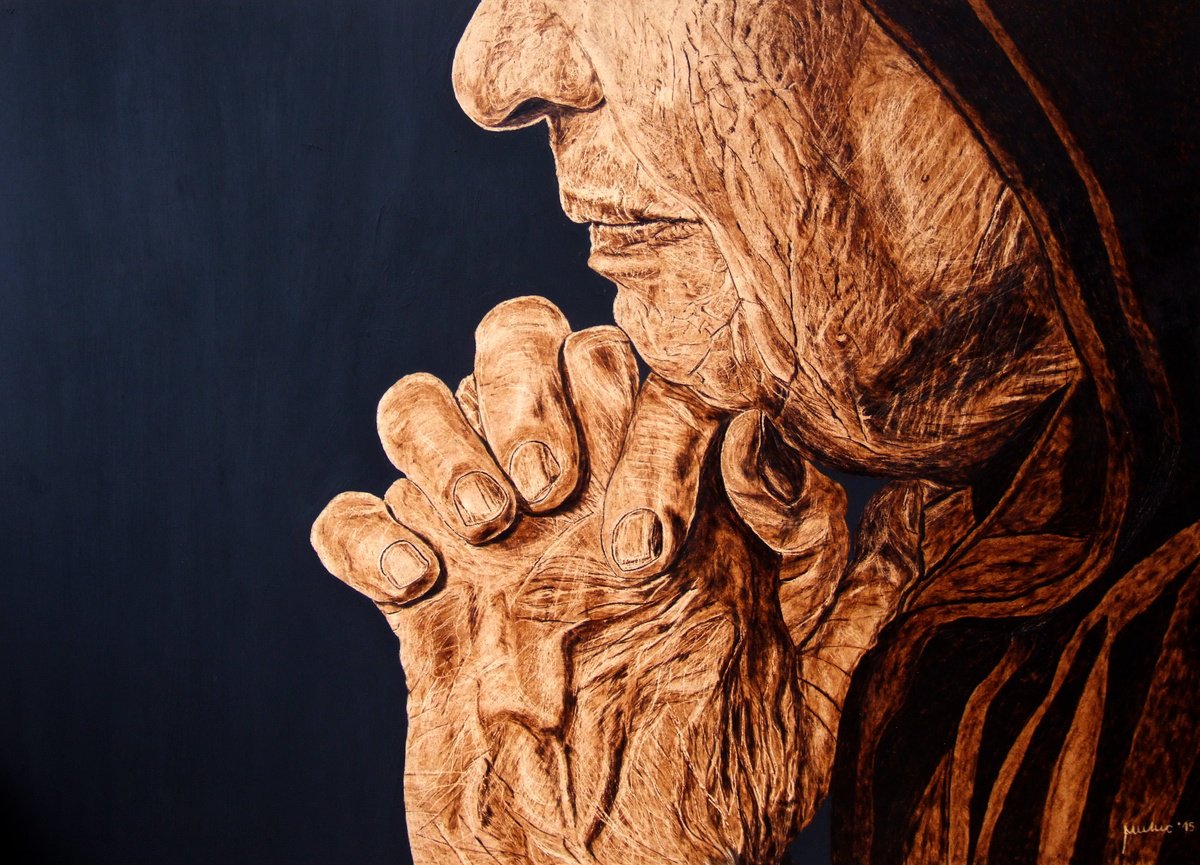 Expressive Portrait Painting By Milis Pyrography, 28 X 20", A Mother