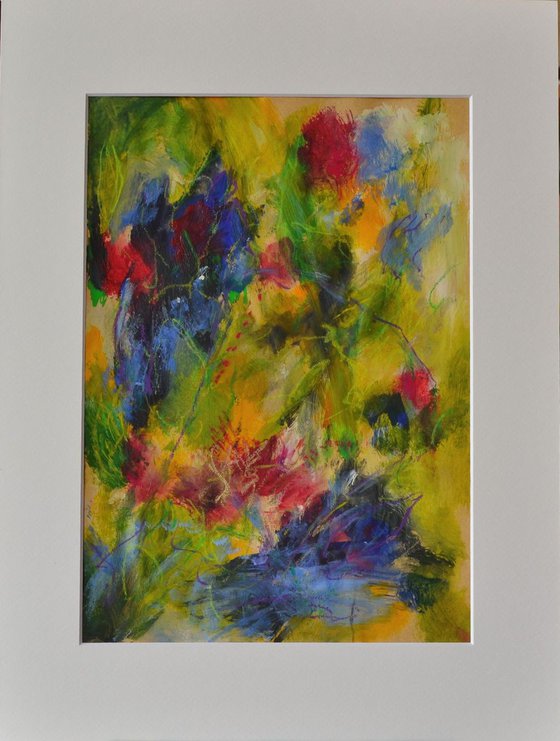 Sunny Meadow - warm coloured mixed media floral abstract