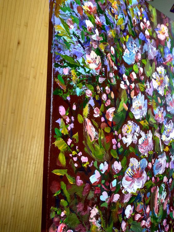 Spring blooming, acrylic floral painting, palette knife