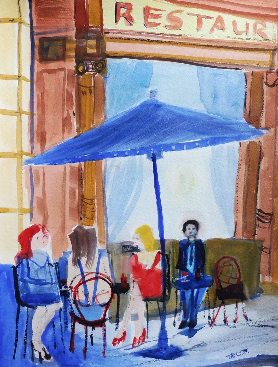 GIRLS & LONESOME, RESTAURANT RED WINE. Original Impressionistic Figurative Watercolour Pai... by Tim Taylor