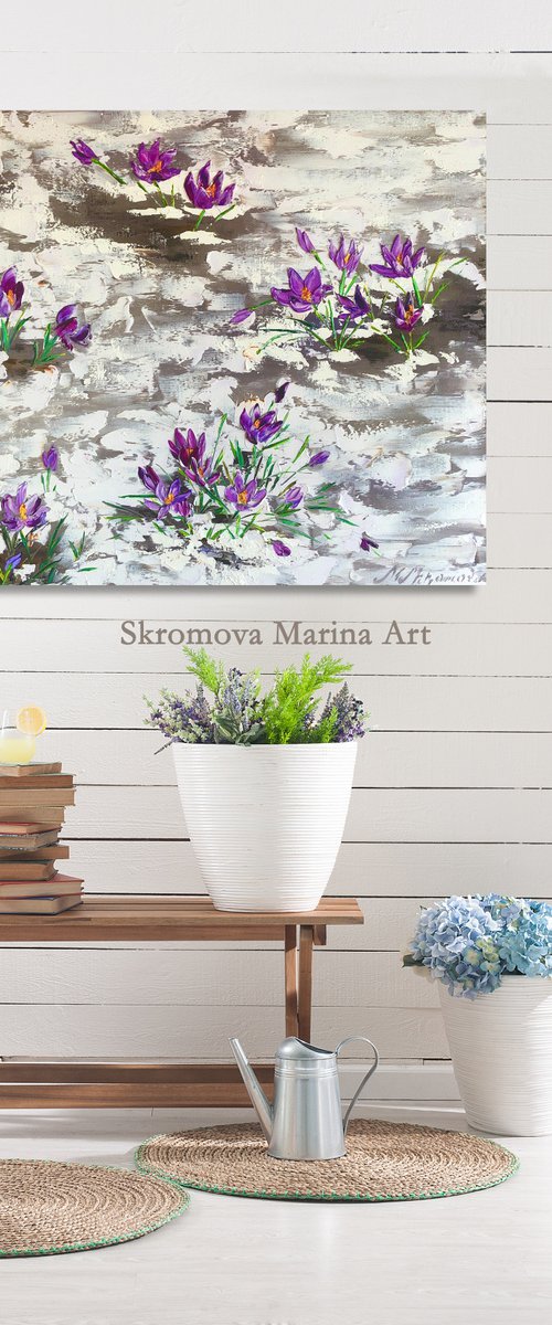 FOREST WINTER LAWN - Spring flowers. Delicate landscape. Lilac lilies. Blooms. Capel. Sprouts. Wakes up. Nature. by Marina Skromova