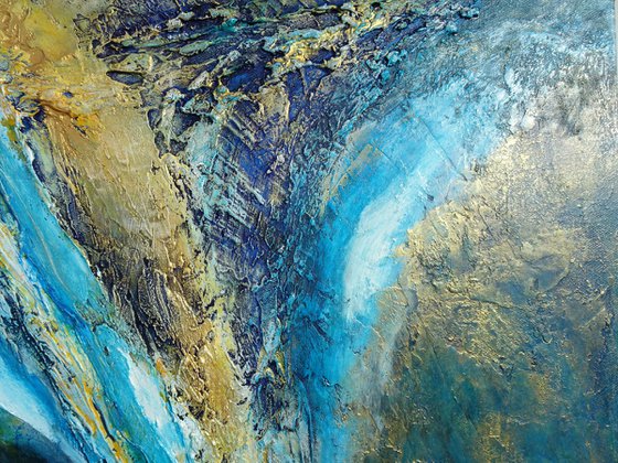 Contemporary Blue Abstract Painting. Modern Blue and Gold Textured Art