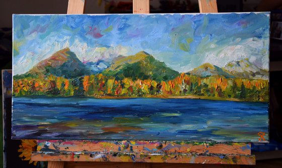 Oil original painting Autumn mountains in Slovakia