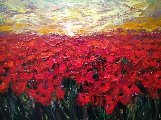 Sunset On Poppy Field. Original Impasto Acryl Painting With Palette Knife.