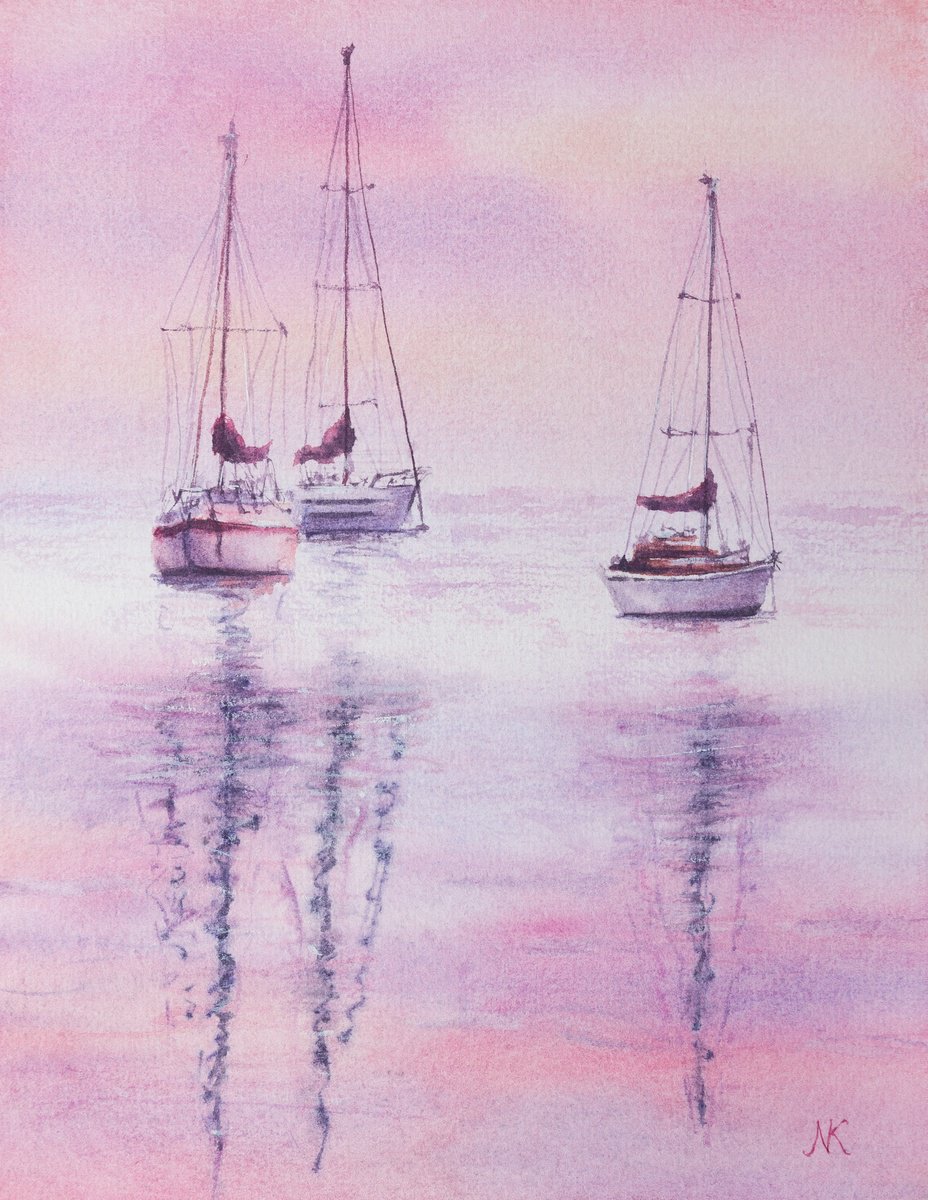 Impressionistic Landscape Watercolour By Kateryna Nazarenko, 6 X 8", Sailboats On A Pink Sunset, Original Artwork